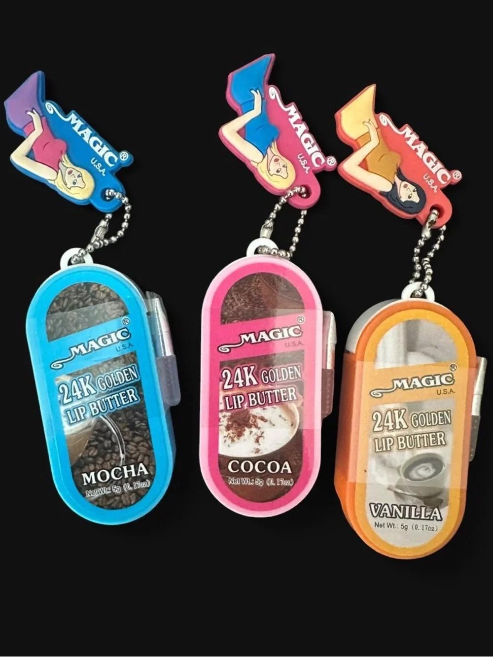 MAGIC 24K Golden Lip Butter Keychain - Blue Mocha, Pink Cocoa, Orange Vanilla